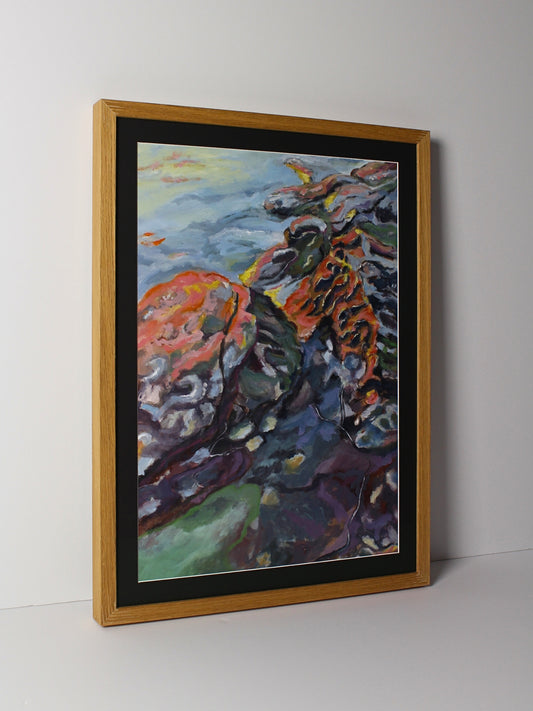 Oil on board abstract landscape artwork ‘Rock Dawn’ by CJ Hobbs, original painting at Rising Creative Studio.