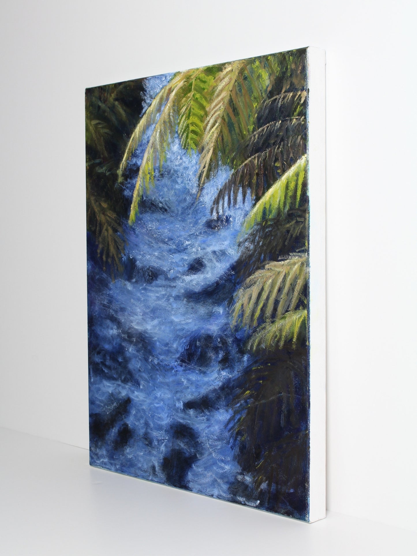 Oil on canvas artwork titled ‘Snow Torrent’ by Fiona Barrett, original painting available at Rising Creative Studio.