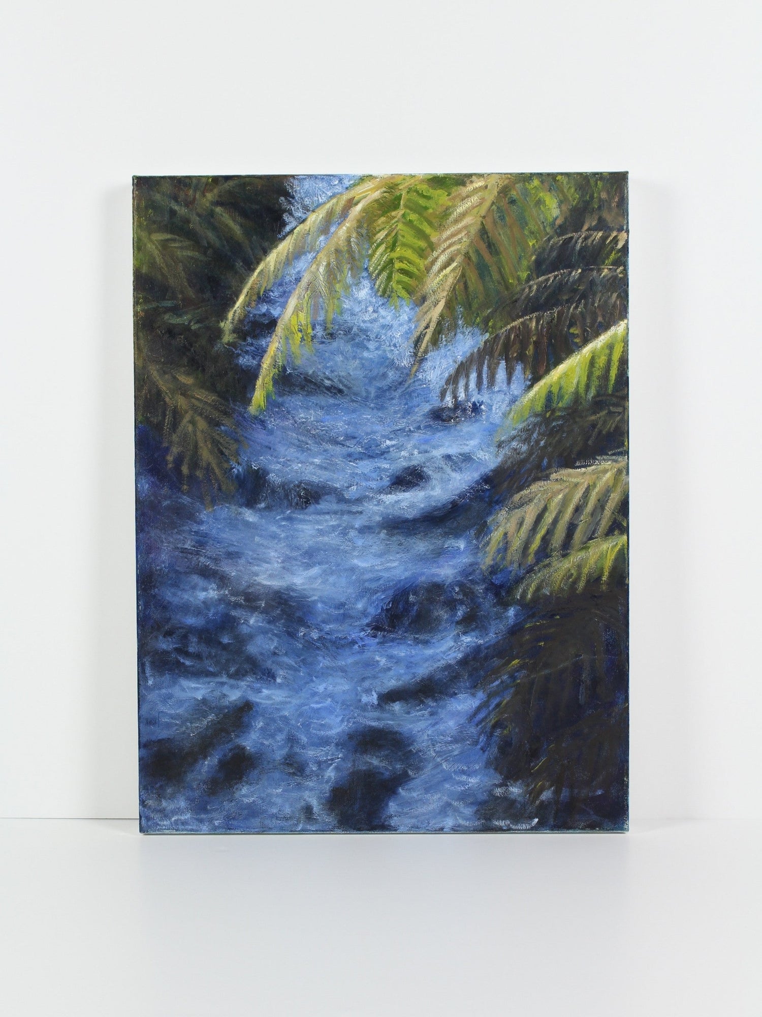 Oil on canvas artwork titled ‘Snow Torrent’ by Fiona Barrett, original painting available at Rising Creative Studio.