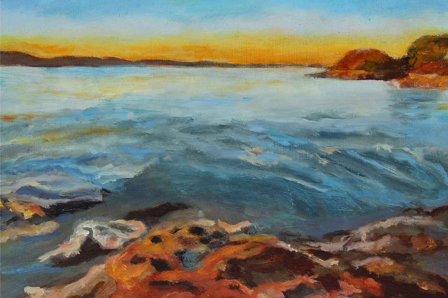 Oil on board landscape artwork titled ‘Dawn Flush’ by CJ Hobbs, original painting available at Rising Creative Studio.