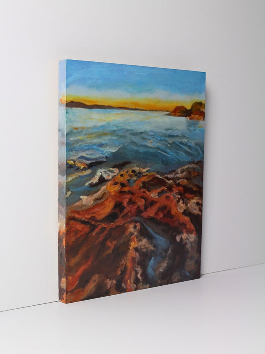 Oil on board landscape artwork titled ‘Dawn Flush’ by CJ Hobbs, original painting available at Rising Creative Studio.