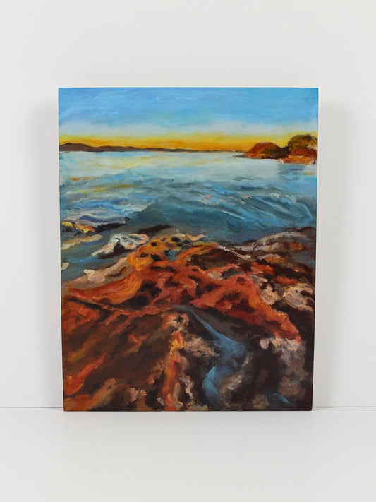 Oil on board landscape artwork titled ‘Dawn Flush’ by CJ Hobbs, original painting available at Rising Creative Studio.