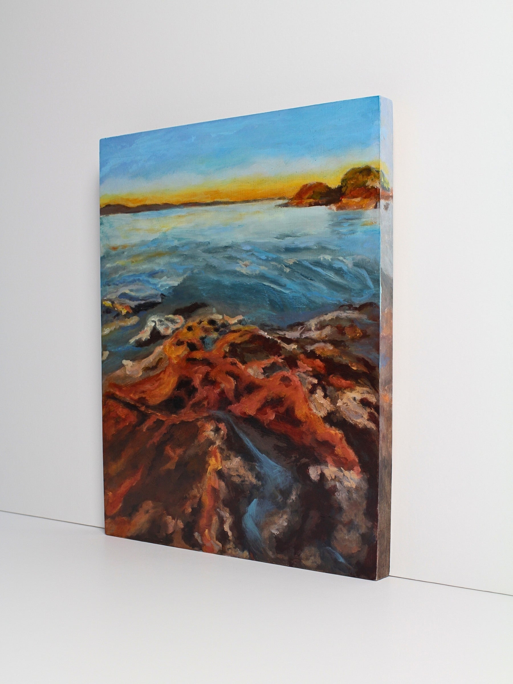 Oil on board landscape artwork titled ‘Dawn Flush’ by CJ Hobbs, original painting available at Rising Creative Studio.
