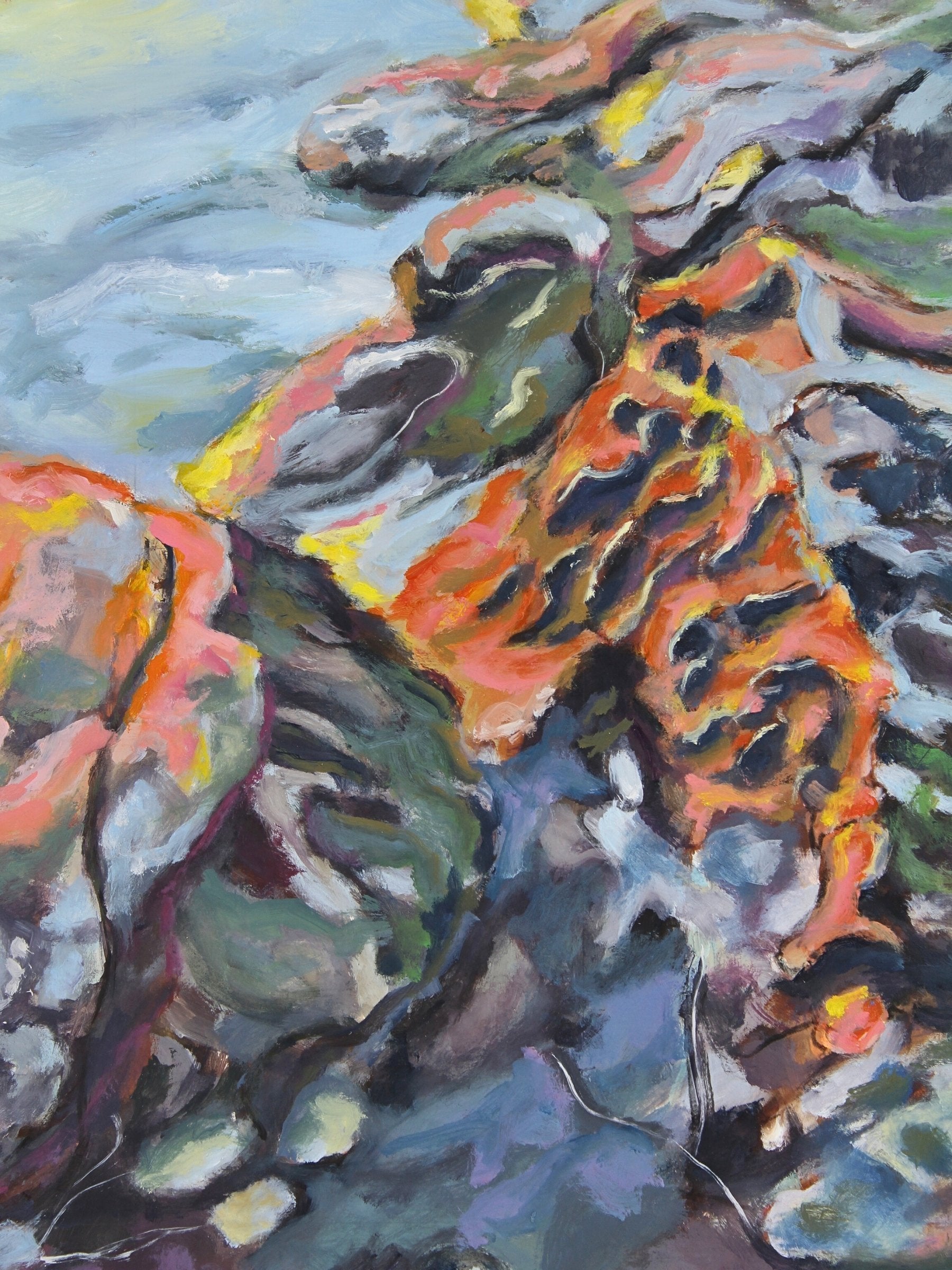 Oil on board abstract landscape artwork ‘Rock Dawn’ by CJ Hobbs, original painting at Rising Creative Studio.
