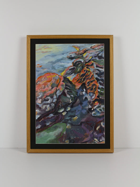 Oil on board abstract landscape artwork ‘Rock Dawn’ by CJ Hobbs, original painting at Rising Creative Studio.