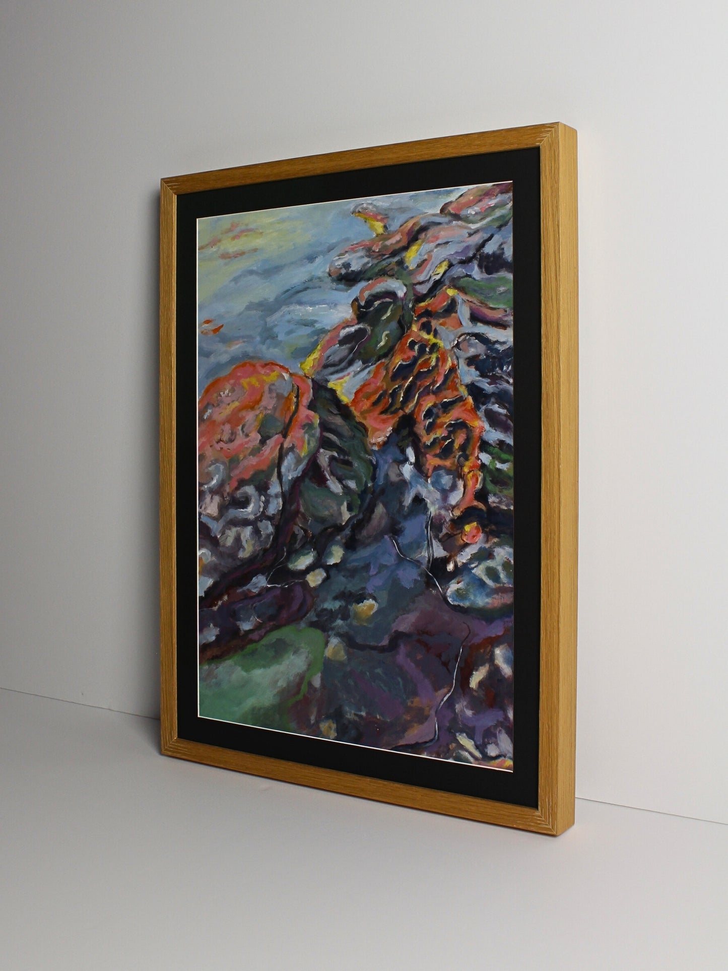 Oil on board abstract landscape artwork ‘Rock Dawn’ by CJ Hobbs, original painting at Rising Creative Studio.