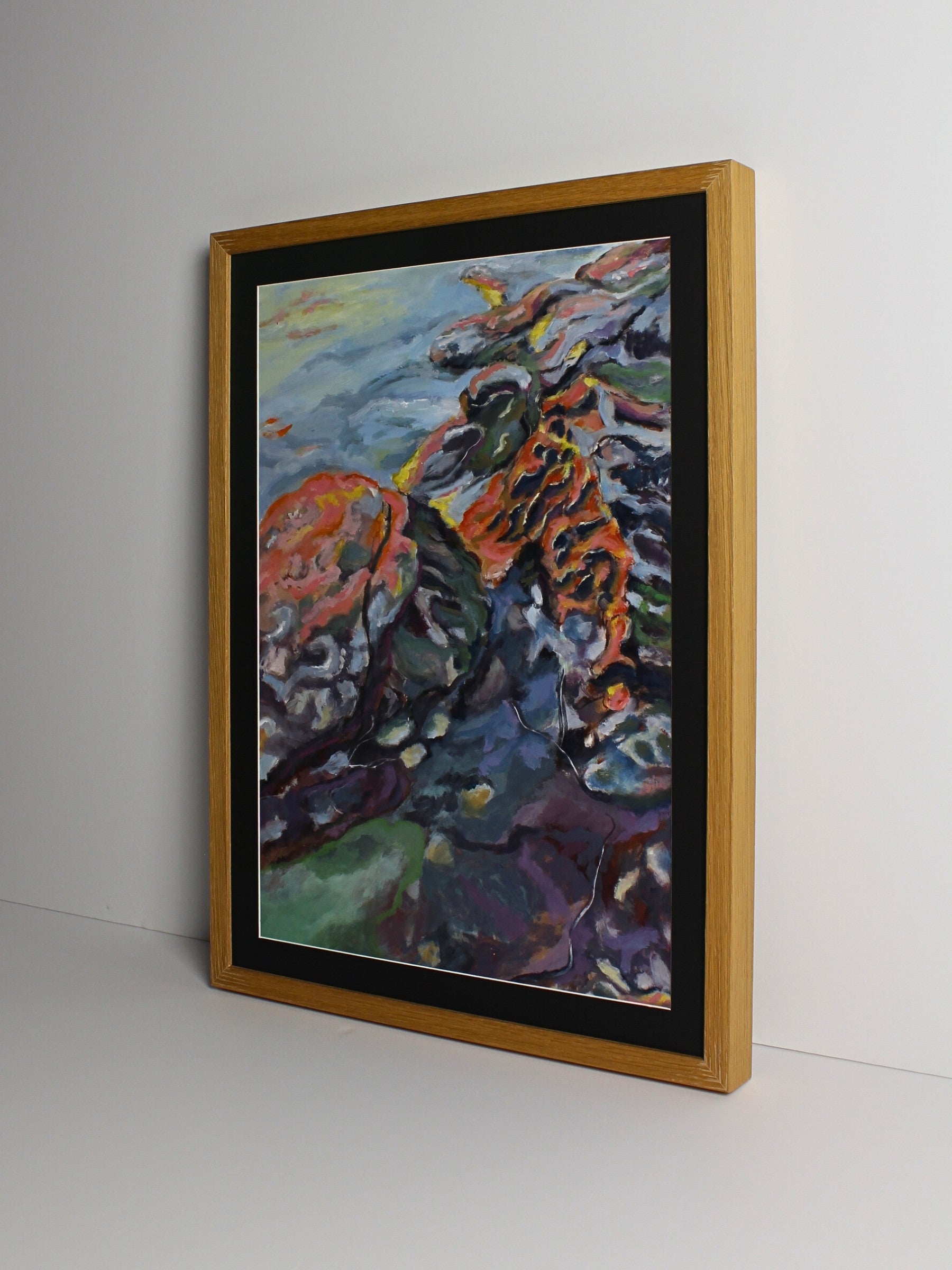 Oil on board abstract landscape artwork ‘Rock Dawn’ by CJ Hobbs, original painting at Rising Creative Studio.