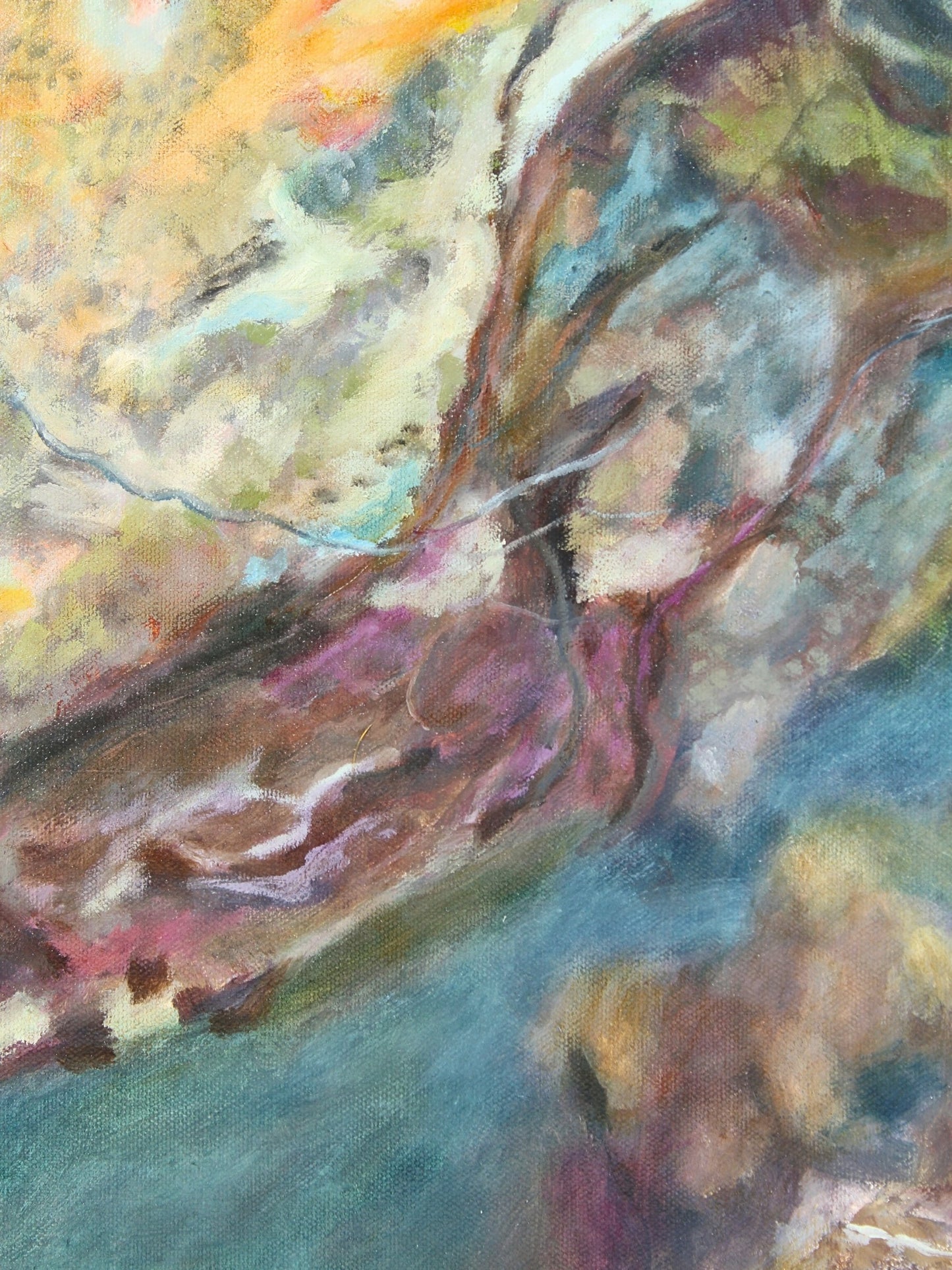 Original abstract landscape oil on canvas ‘Soft Rock Dawn’, created by CJ Hobbs, available through Rising Creative Studio.