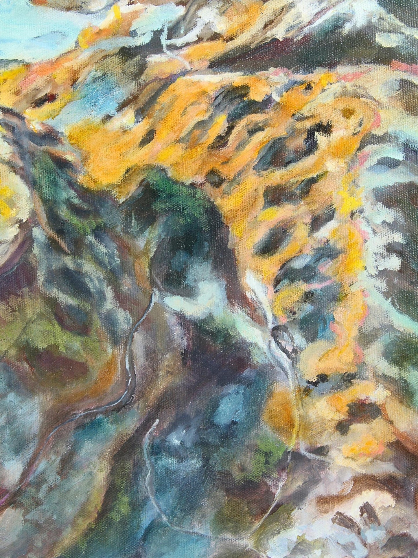 Original abstract landscape oil on canvas ‘Soft Rock Dawn’, created by CJ Hobbs, available through Rising Creative Studio.