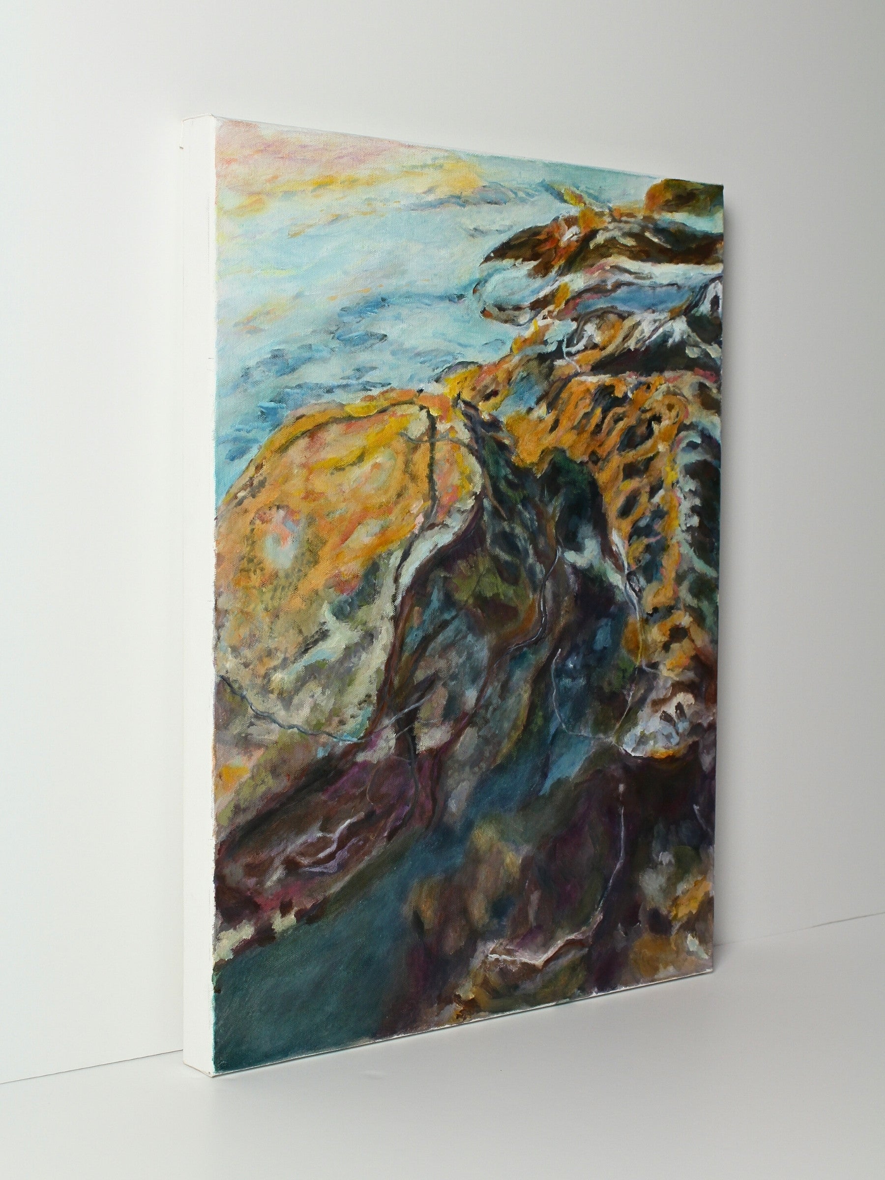 Original abstract landscape oil on canvas ‘Soft Rock Dawn’, created by CJ Hobbs, available through Rising Creative Studio.