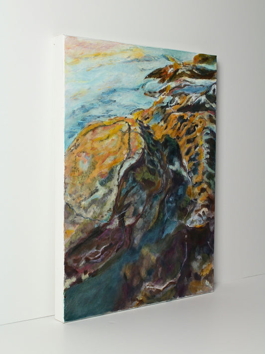 Original abstract landscape oil on canvas ‘Soft Rock Dawn’, created by CJ Hobbs, available through Rising Creative Studio.