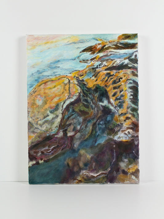 Original abstract landscape oil on canvas ‘Soft Rock Dawn’, created by CJ Hobbs, available through Rising Creative Studio.