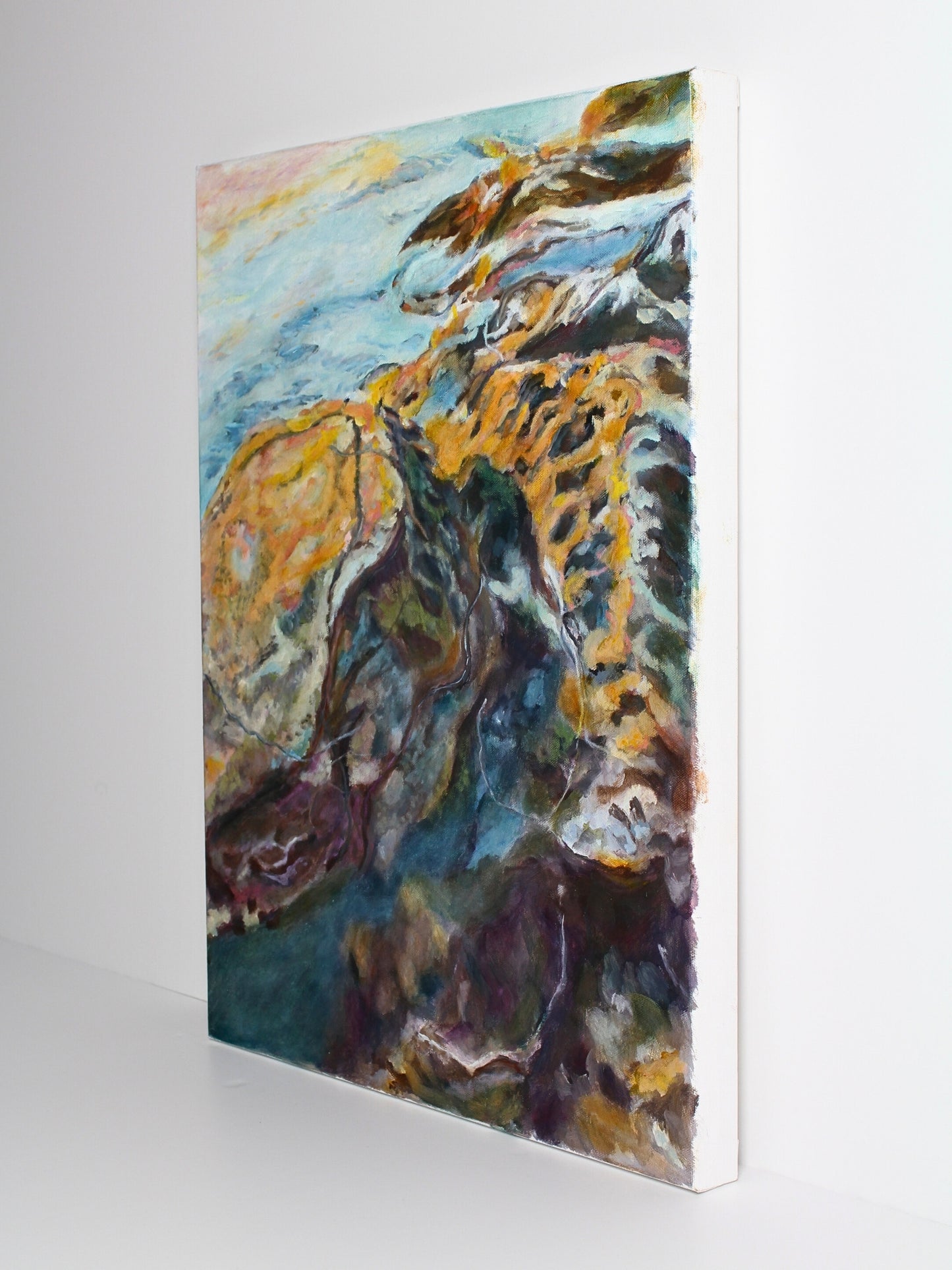 Original abstract landscape oil on canvas ‘Soft Rock Dawn’, created by CJ Hobbs, available through Rising Creative Studio.