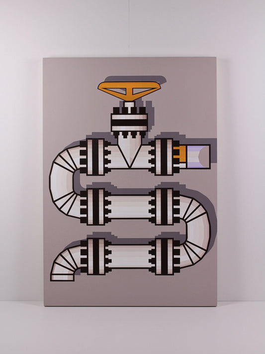 Acrylic on board artwork titled ‘Valve Diarylide Yellow’ by David Ellis, original painting available at Rising Creative Studio.