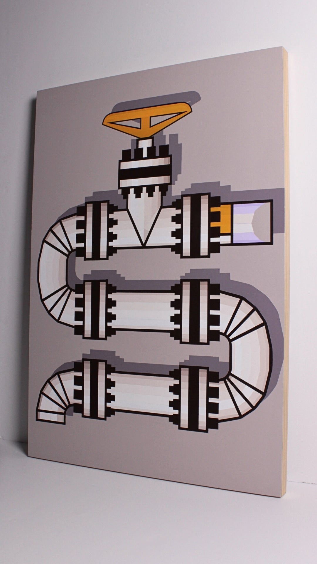 Acrylic on board artwork titled ‘Valve Diarylide Yellow’ by David Ellis, original painting available at Rising Creative Studio.