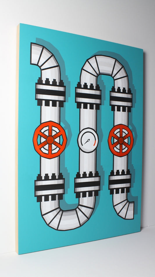 ‘Valve VAT Orange’ – an acrylic on board painting by David Ellis, available at Rising Creative Studio.