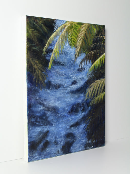 Oil on canvas artwork titled ‘Snow Torrent’ by Fiona Barrett, original painting available at Rising Creative Studio.