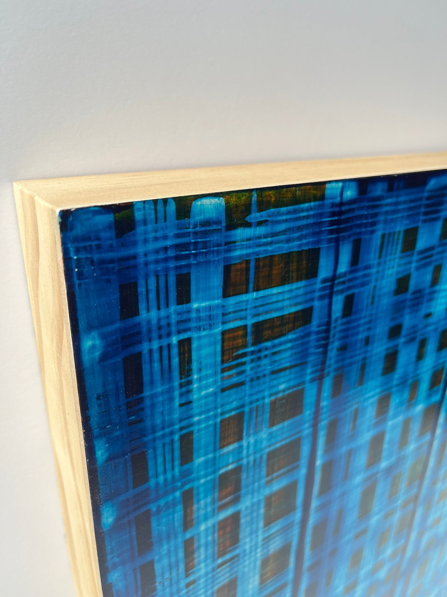 A structured yet spontaneous artwork - acrylic on board ‘Revealment’ by Natalie Snowden, original painting at Rising Creative Studio.