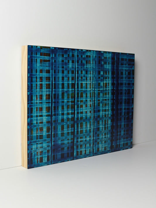 A structured yet spontaneous artwork - acrylic on board ‘Revealment’ by Natalie Snowden, original painting at Rising Creative Studio.